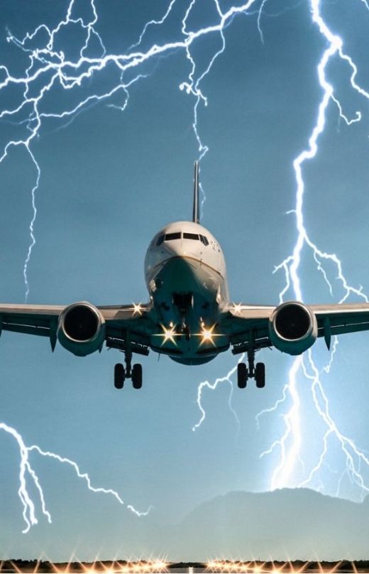 An airplane is flying under strike weather.
