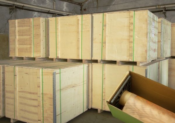 Several pallets of micro expanded metals in the warehouse.
